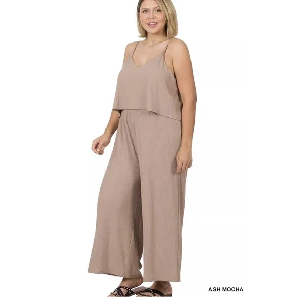 Zenana Mocha Spaghetti Strap Tank Top Wide Leg Jumpsuit Plus Size 2X - Picture 2 of 3